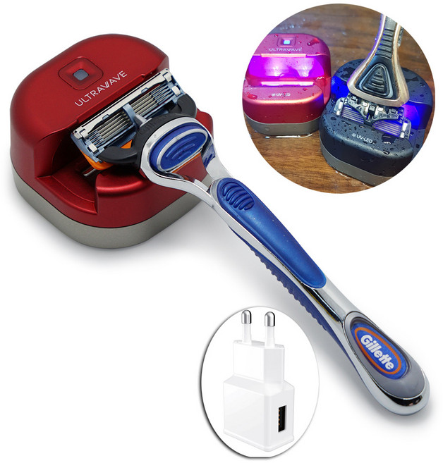 (1+충전기1 증정)울트라웨이브 UVC LED 가정용 무선 방수 휴대용 면도기 살균기 면도기 거치대 면도기 스탠드 면도기 독 면도기 거치대 크래들, 면도기살균기(RS01) 레드+충전기, 1개