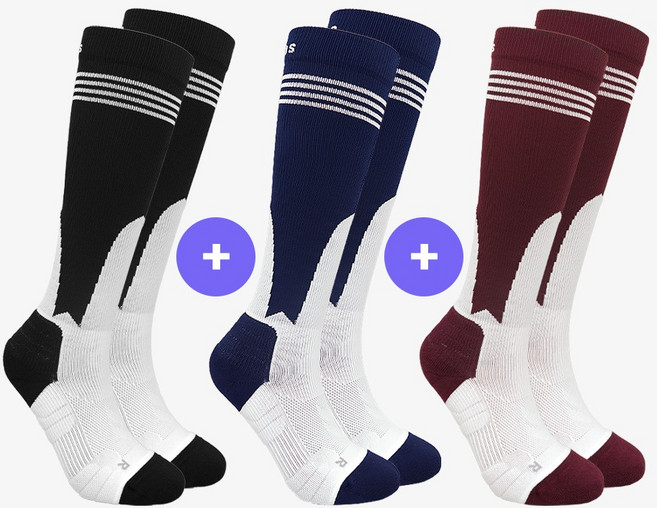 [3켤레] 야구 롱스타킹 / 무봉제 땀흡수 논슬립(발목보호), 와인(3켤레), S(220~240)