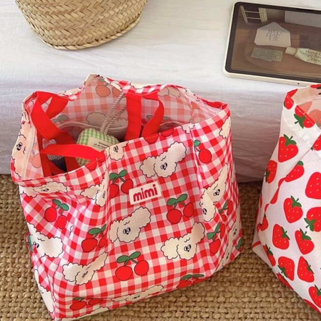 후암마켓 피크닉 도시락 간식 방수 토트백 에코백 다용도 비치백, 체리 강아지, 1개