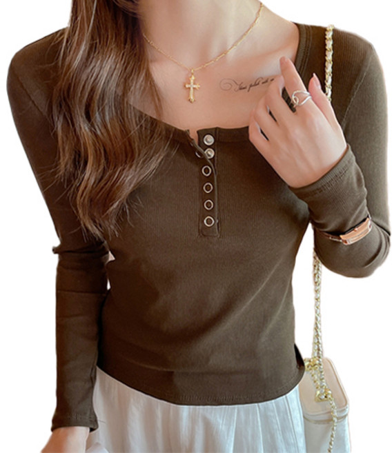 핑크셀럽 데일리 모달 골지 라운드 버튼 티셔츠