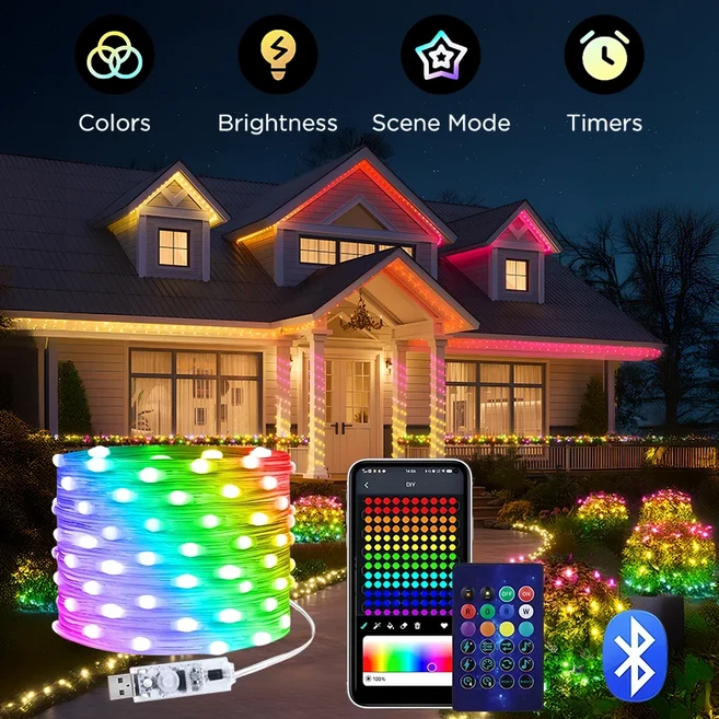 20M APP 영구 야외 처마 LED 조명 방수 스마트 RGBIC 문자열 DIY 장면 풀 하우스, 1개, 발광 색상: 1. USB / 스타일: D. 20M