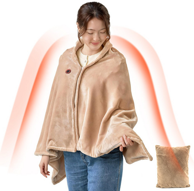 Moteur KC인증 입는 발열 담요 조끼 두꺼운 극세사 3단 조절 발열 숄 USB 방한 망토 지퍼형 쿠션 변신 겨울 사무실 캠핑 전기 무릎담요 난방비 절약