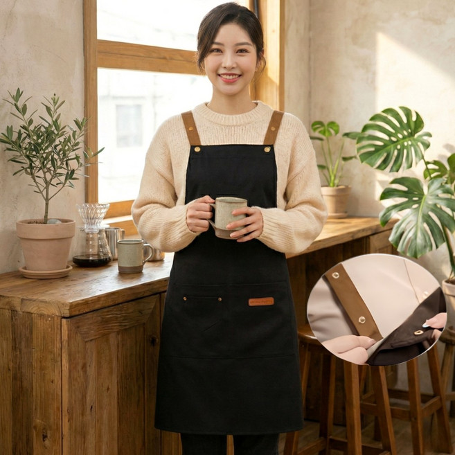 루시에 예쁜 길이조절 방수 앞치마, 1개, 퓨어 블랙