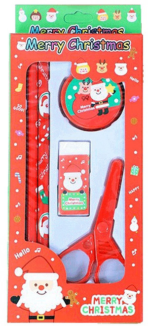 聖誕節文具組 交換禮物 幼稚園生日分享禮 聖誕禮物 學生用品 鉛筆盒 橡皮擦 直尺 鉛筆, 1個, 剪刀款