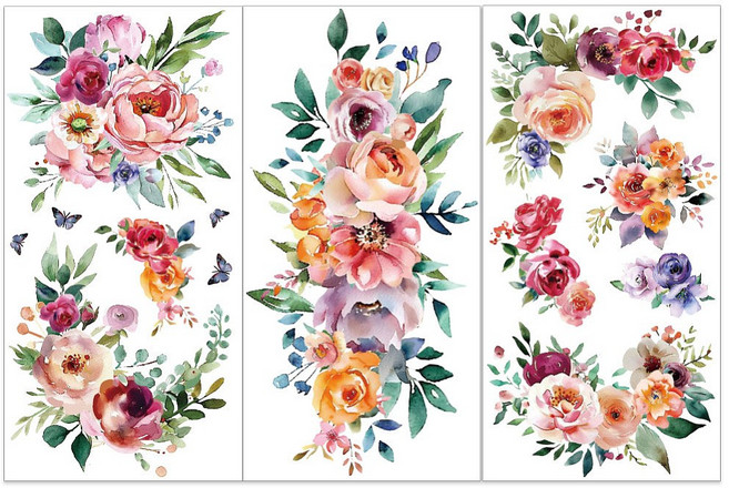 3개 3가지 스타일의 PVC 방수 장식 스티커 가구 장식용 접착식 데칼 (식물테마-꽃 300x150mm), 혼합색