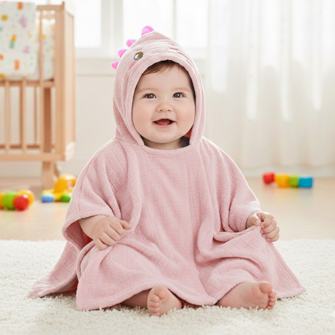 수수베베 다이노 아기 판초 후드 타올, 핑크, 1개