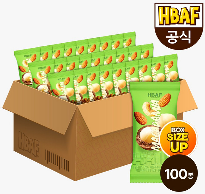 [HBAF] 바프 먼투썬 하루견과 마카다미아 100봉 (20gX100봉), 100개, 20g