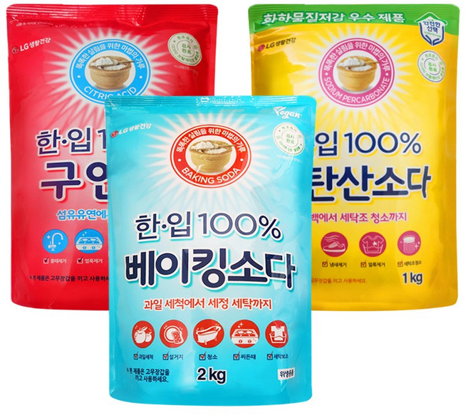 한입 100％ 베이킹소다 2kg ＋ 구연산 1kg ＋ 과탄산소다 1kg, 1
