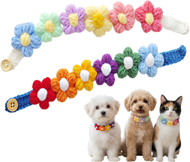 [바니오] 강아지 뜨개 목걸이 뜨개 데이지 플라워 스카프 / 강아지 고양이 단추형 포토 목장식, 1개, 파스텔플라워