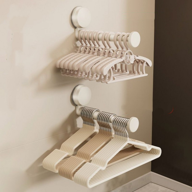 일상 수납 양용형 길이 조절 흡착식 수납대 2팩 일상 수납 & 옷걸이 보관 두 가지 용도 / 벽면 손상 없음, 2개, 크림색