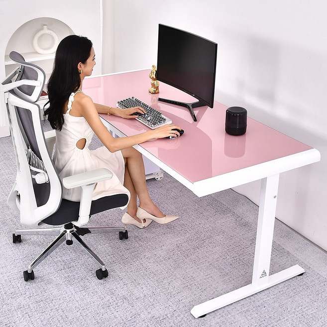 아우스 AUS 강화유리책상 1600 컴퓨터책상 게이밍책상 사무용책상 학생책상, 화이트+핑크 160x60x75cm