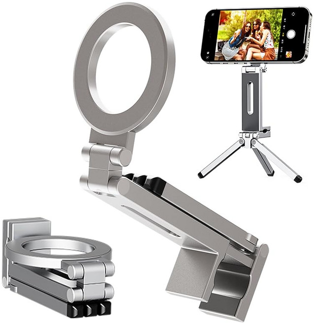 C520 E01S 클립형 MagSafe 대응 삼각대 스마트폰 스탠드 접이식 책상 마운트 스마트폰 홀더 셀카 바 셀카 스틱 360° 회전 각도 자유 조정 금속 플레이트 포함 (실버), 상세페이지 참조, 상세페이지 참조