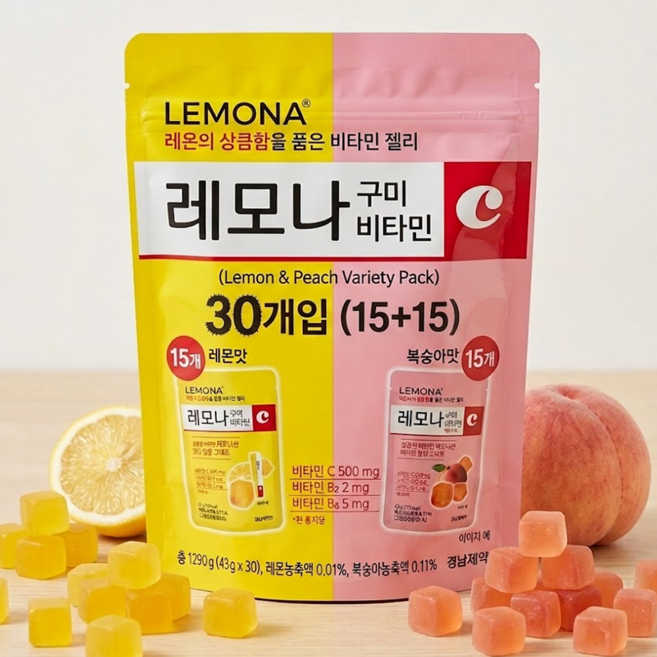 경남제약 레모나구미 반반 세트 레몬맛/복숭아맛 온가족 구미 비타민, 30개, 43g