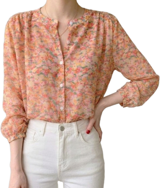 HIN 로맨틱 쉬폰 잔꽃 블라우스 롱슬리브 셔츠