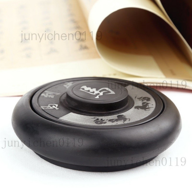 帶蓋硯台 原石硯台 太極魚形多功能擱筆磨墨歙硯, 1個, 馬到成功（10cm）