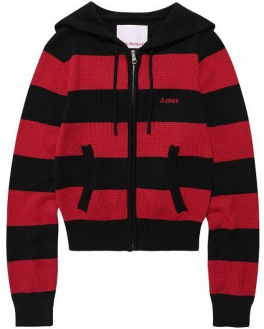 아메스 월드와이드 amesworldwide STRIPE KNIT HOODIE ZIP-UP BLACK