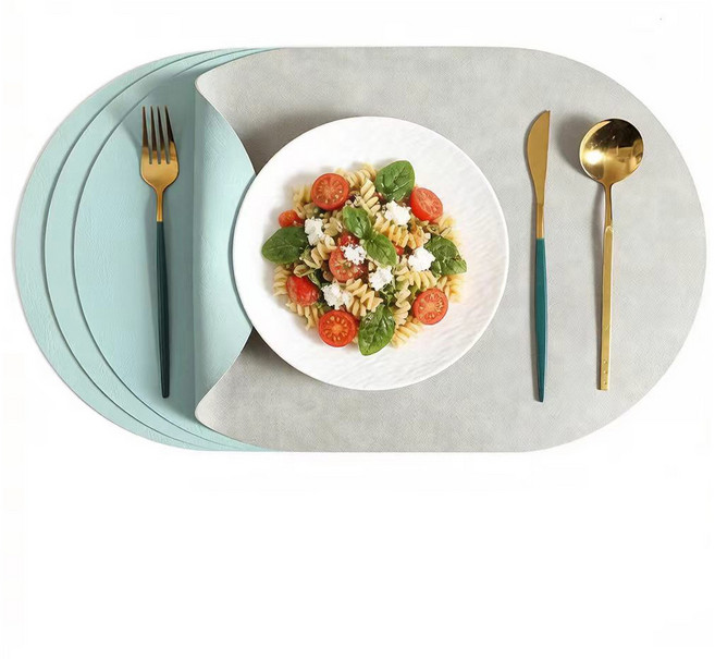 BIKASU 양면 식탁 매트 가죽 방수 테이블매트 식탁매트, 2개, 44.5cm*30cm, 라이트그레이/민트블루