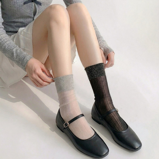 여성 시스루 골지 중목양말 1+1 실버 배색 글리터 롤링 삭스 데일리 봄 여름 얇은 패션 양말 세트