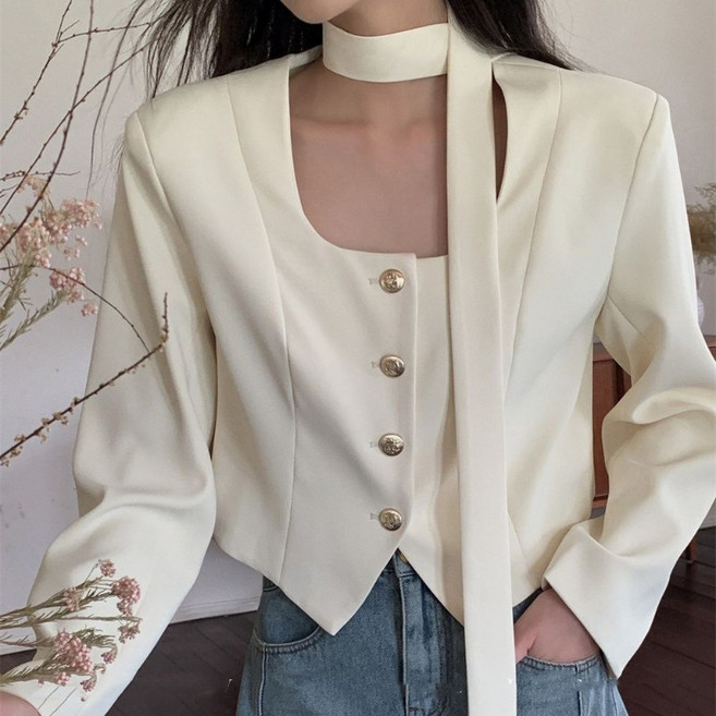 ANYOU 여자 춘추 쇼트 정장 코트 춘추 고급 스퀘어넥 메탈버튼 숏 자켓