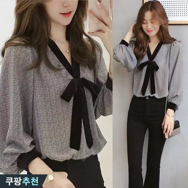 (완전 추천) 90kg까지 빅사이즈 여성 브이넥 리본 어깨 퍼프 체크 블라우스 봄 가을 편한 프렌치 우아한 단아한 고급 날씬해보이는 입체 디자인 모던 심플 로맨틱 이쁜곳 브라우스