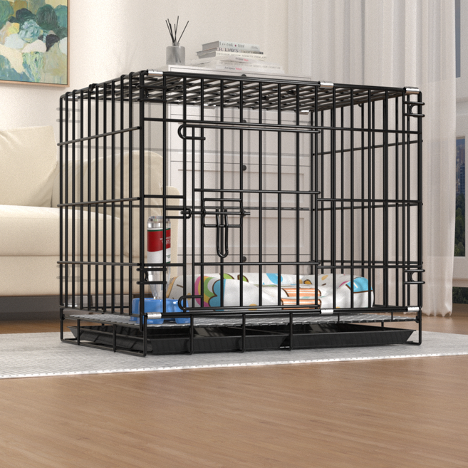 LOVFIR 강아지 고양이 철장 | 접이식 철제 펫 케이지 이중문 설계 배변판 포함 실내용 반려동물 우리 다용도 케이지, 1개, 블랙