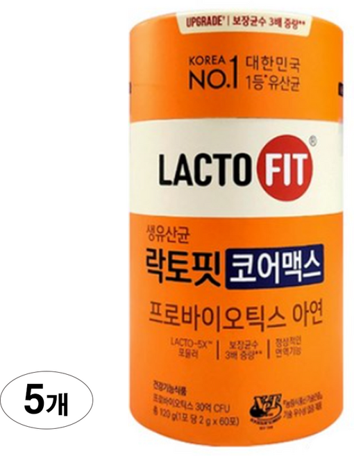 부자되세요 종근당건강 락토핏 생 유산균 코어맥스 60포* 5 300포 프로바이오틱스 probiotics PROBIOTICS 아연 30억 CPU 함유 latobacillus, 120g, 5개
