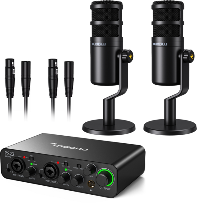 마오노 PS22 라이브 2인 방송용 유튜브 틱톡 녹음용 오디오인페이스 마이크 올인원 패키지1, PS22 블랙, PD1002대(케이블 포함)