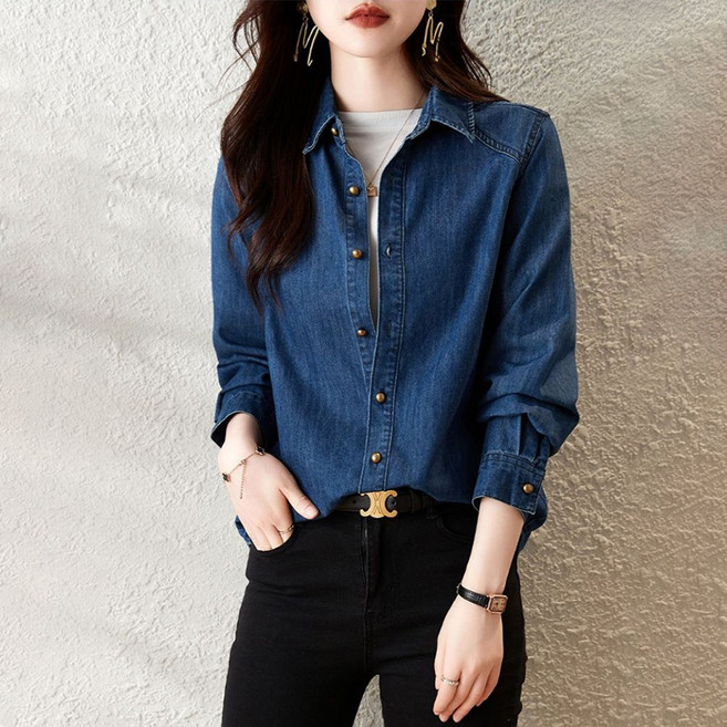 TKX 여성 데님 셔츠 캐주얼 긴팔 봄가을 간절기 기본 스타일 프리미엄 데일리
