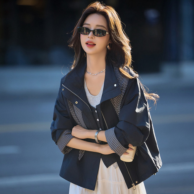 AOKADA 중년 여성 봄 가을 체크 패치워크 숏 자켓 루즈핏 카라넥 롤업소매 아우터