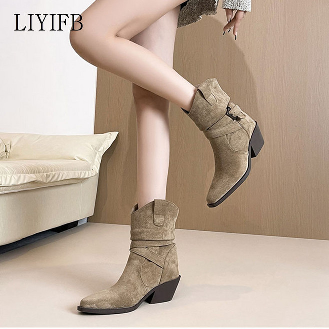 LIYIFB 여성 속굽 키높이 앵클부츠 8cm 소가죽 웨스턴 부츠 힐