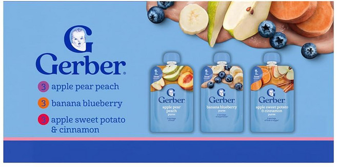 Gerber 이유식 파우치 밸류 팩 과일 및 채소 파우치 - 애플 페어 피치 (3) 바나나 블루베리 (3) 애플 고구마 (3) 유아용 (각 99.2g(3.5온스)), 1개