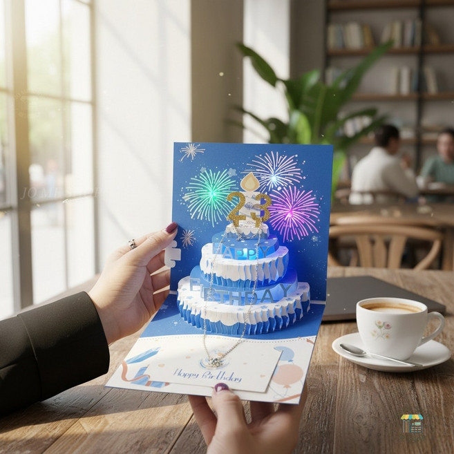 立體蛋糕音樂燈光生日卡片 附數字貼紙, 1個, 吹蠟燭聲光立體卡片(蠟燭卡+卡+信封)藍