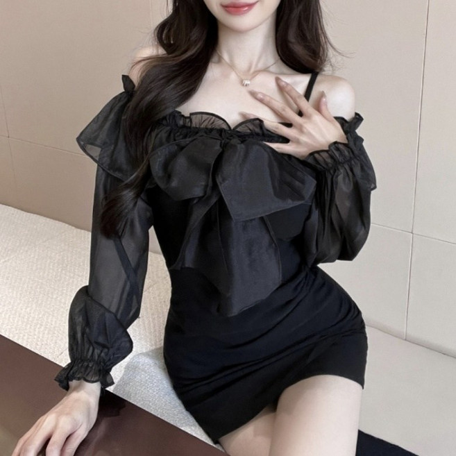 아이엠몽 여성 시스루 프릴 빅리본 오프숄더 미니 원피스