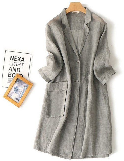 ROYALBELLE 여성 긴팔 린넨 루즈핏 심플 시원한 캐주얼 오피스룩 자외선 차단 블레이저 롱 자켓 K032037