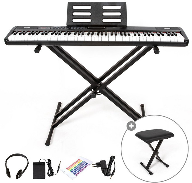디에스뮤직 교습용 88건반 전자 디지털 피아노 + 스탠드 + 서스테인 페달 + 계이름 스티커 세트, 블랙+전용의자, 1개
