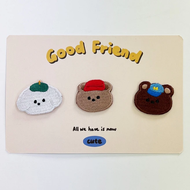 래비 열접착 캐릭터 패치 자수 스티커 동물 모자 와펜, 1개, 05.굿프렌드 3종 - 쿠팡