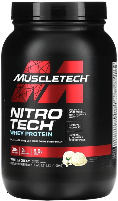 MuscleTech 니트로 테크 유청 단백질플러스 지방이 적은 머슬빌더 바닐라 2.00 파운드 907g, 1개, 1.002kg - 쿠팡