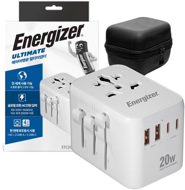 에너자이저 고용량 GaN 초고속충전 5포트 올인원 전세계 해외 여행용 멀티 어댑터 PD충전, 1개, 화이트*ETC201-PD20W