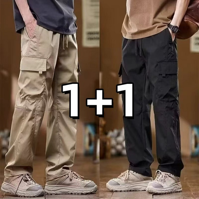 1+1 수입 남성 일자 카고 바지 봄 가을 편안한 통기성 등산바지 작업복 와이드 스트레이트 와이드팬츠 트레이닝 캐주얼 바지