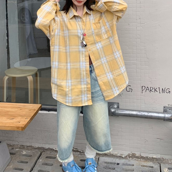예쁨시전 스트릿 오버핏 힙합 긴팔 빅 체크 셔츠 남방