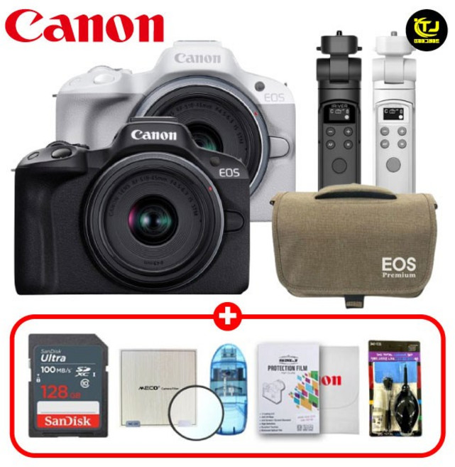 캐논 정품 EOS R50 18-45mm STM 렌즈 KIT / 슈팅그립 패키지 8종세트 / 128G+전용가방+슈팅그립 / TJ, 블랙