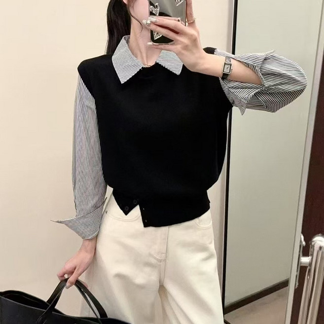 셔츠 + 배색 니트 조끼 레이어드룩 여성 남방 데일리