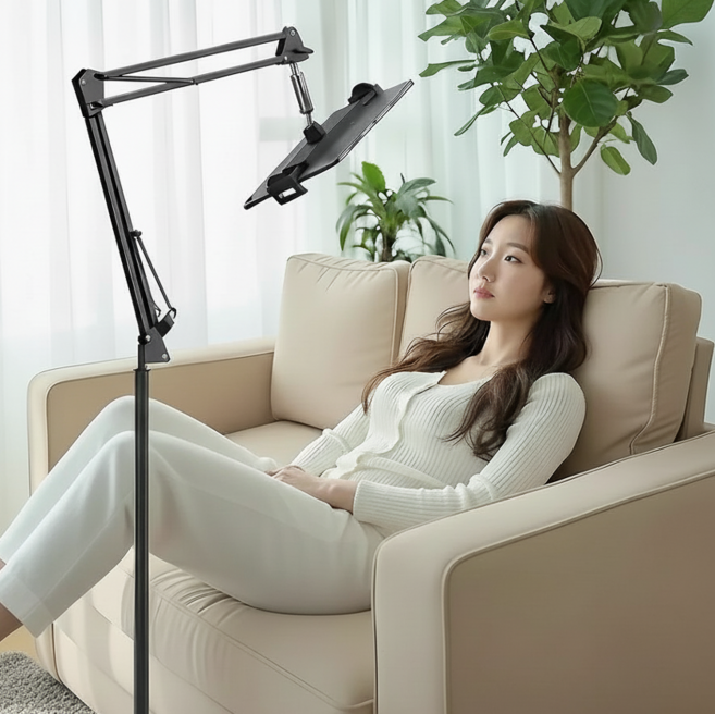 튼튼한 메탈 바닥형 높낮이 조절 핸즈프리 태블릿 스탠드 거치대, 블랙, 1개