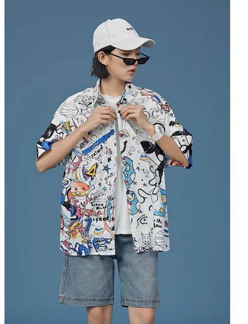 塗鴉花襯衫女短袖寬鬆BF帥氣潮牌情侶襯衣上衣
