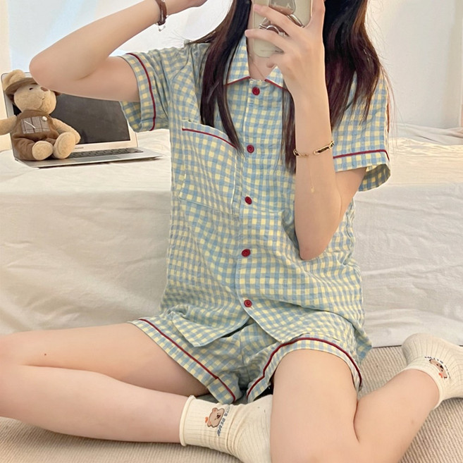 핀디걸 여성 미니체크 여름잠옷 상하의 세트