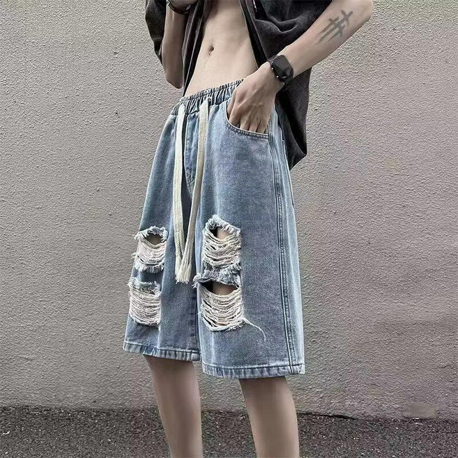 高街vibe 破洞牛仔短褲 男