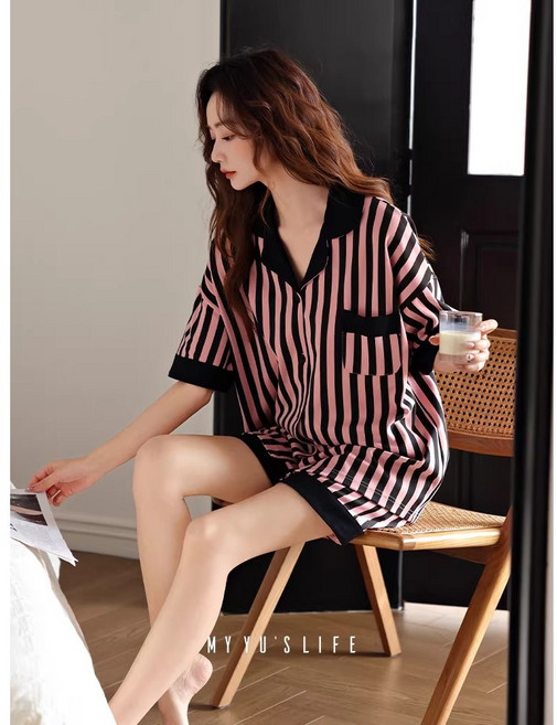 ANYOU 여성 순면 반팔 잠옷 세트 루즈핏 빅사이즈 시원한 여름 홈웨어