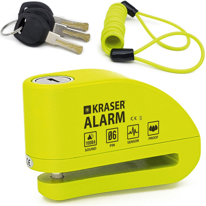 KRASER KR6Y 알람 디스크 잠금장치 3개의 키가 있는 디스크 브레이크 잠금장치 기타 2개 알람이 있는 고강도 방지 오토바이 110dB 내후성 알림 케이블 파우치, Yellow