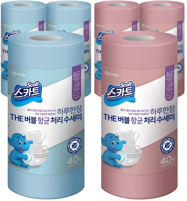 스카트 더 버블 항균처리 수세미 스카이블루 40매 3롤+로즈핑크 40매 3롤, 1개