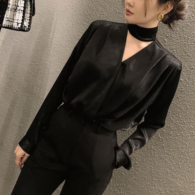 슬림소녀 여성 봄가을 새틴 스트링 브이넥 긴팔 블라우스 가벼운 면접 통근 상의 셔츠